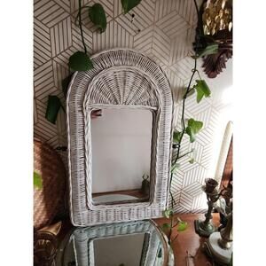 Vintage White Wicker Arched Bohemian Vanity Wall Mirror